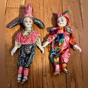 Whimsical Vintage Pink and Gold Jester Doll Pair